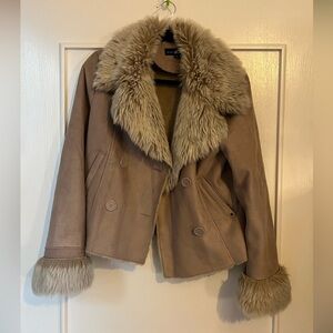 Y2k Black Rivet Cropped Penny Lane Faux Fur Trimmed Tan Coat